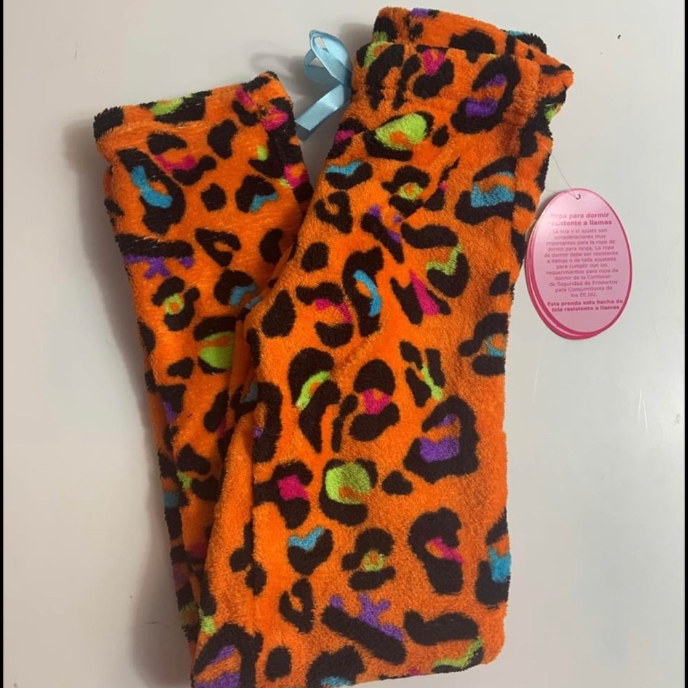 Brand New Girls Size 4 Orange Leopard Plush PJ Pants